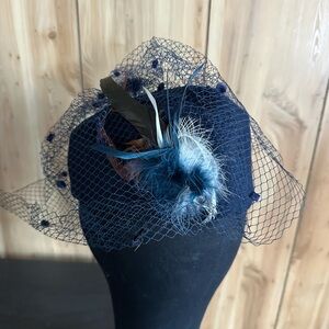 Vintage Doeskin felt 100% Wool Navy Blue Feathered Fascinator, Blue Netting USA